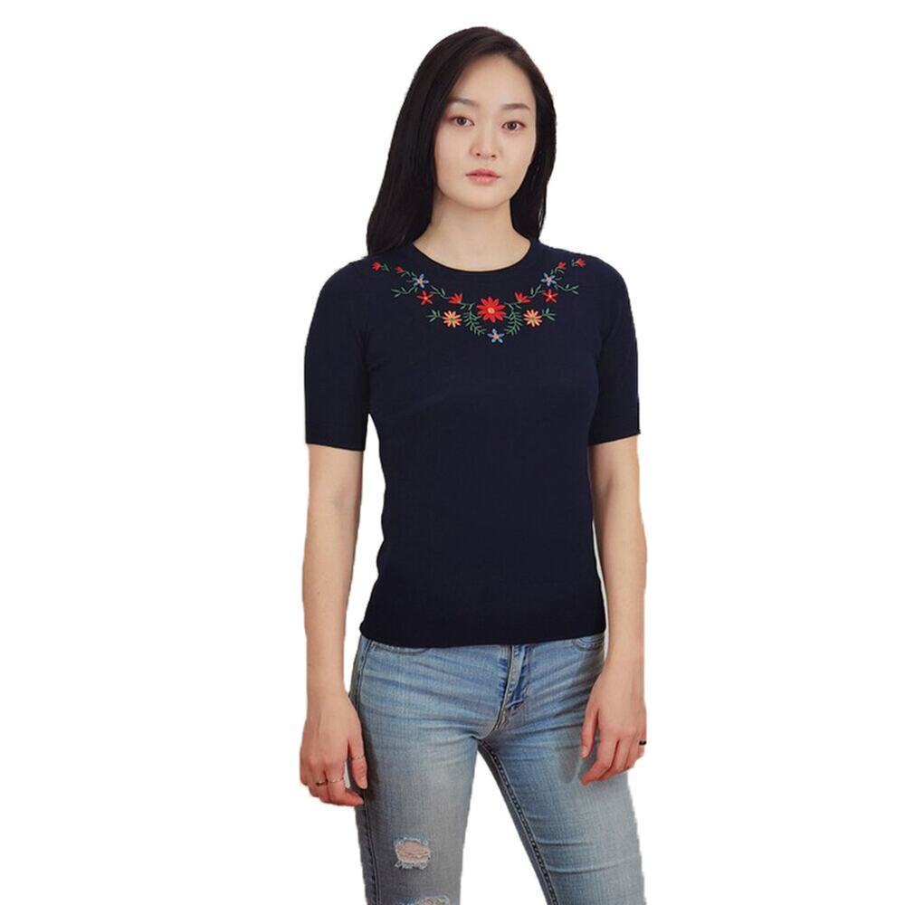 Floral Embroidered Black Fitted Top Short Sleeve Vintage Style Sz Large -Hey Viv